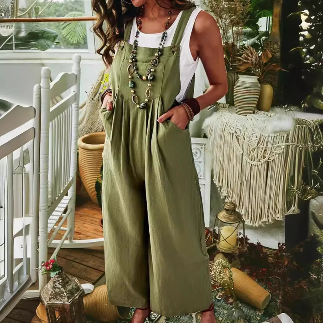 2026 Women's Fashion Wish Amazon Ebay Thickened Linen Cotton Solid Color Sleeveless Pocket Casual Wide Leg Side Buckle Jumpsuit