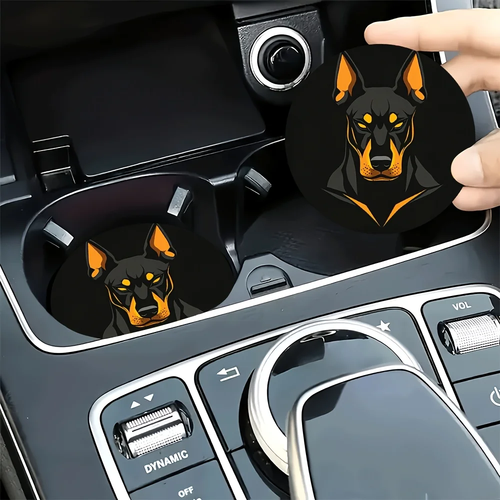 2pcs Black Flame Hound Head With Golden Eye Gaze Themed Printed Pattern Car Coasters - Durable Non-Slip Car Cup Holder Mats With