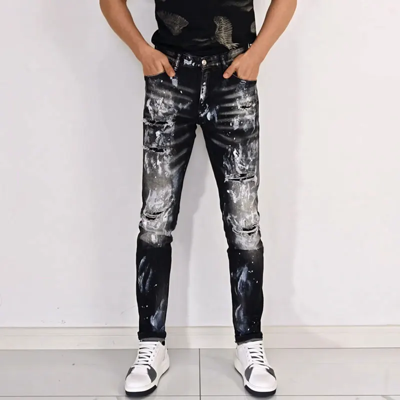 Men Black Washed Splatter Paint Ripped Skinny Jeans Mid Waist Stretch Slim Fit Denim Casual Long Trousershombre