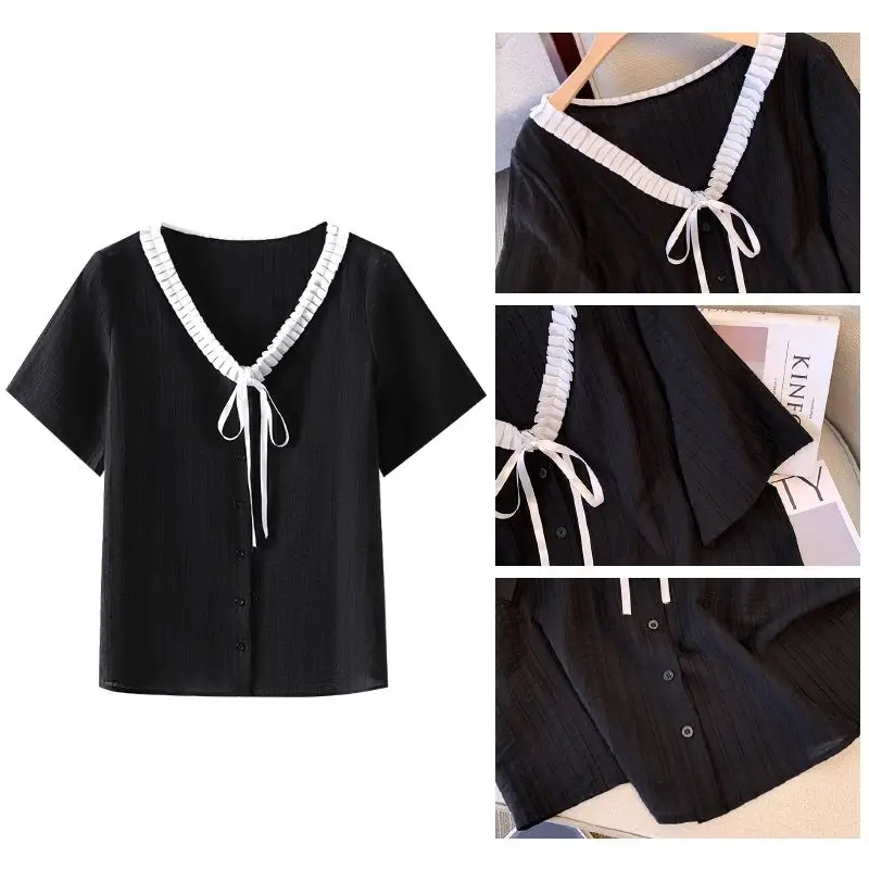 

Женский летний повседневный шифоновый свитер больших размеров, футболка с оборками и воротником-Quarter Sve, модный удобный дышащий топ