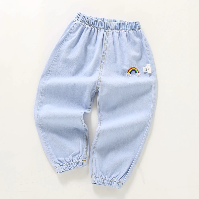 Summer Baby Girl Cartoon Embroidered Soft Jeans Cute Ice Silk Casual Pants For Kids