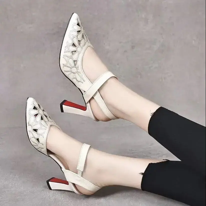 Ladies Shoes Pointed Toe Sandals for Women Block Heel Pumps Footwear Outdoor Red Heeled High Heels Summer 2024 Chunky Thick Sale