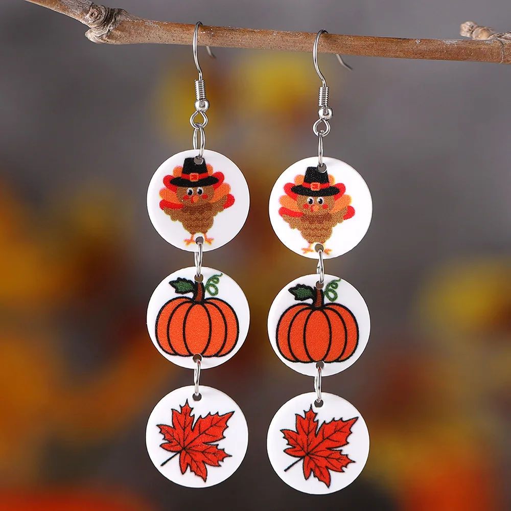 Thanksgiving Day Series Earrings Pumpkin Maple Leaf Triple Pendant Acrylic Disc Earrings Trendy Jewelry Presents