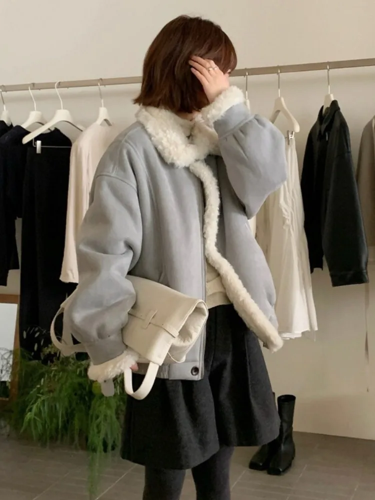 Coreano sle feminino thiened quente gola de pele de cordeiro entrado casaco de couro inverno elegância longo zíper ort outerwear