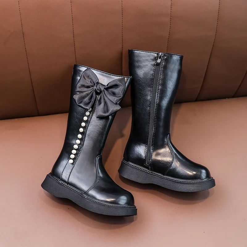 Bottes mi-mollet en cuir souple pour enfants, bottes longues zippées pour filles, chaussures rondes pour enfants, nœud de perle, mode princesse