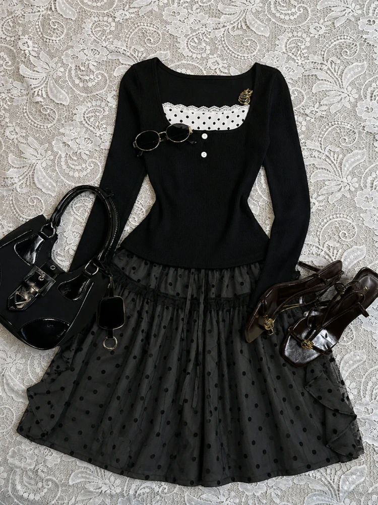 Y2k Vintage Harajuku Matching Outfit Spicy Girls Slim Patchwork Tops Sweet Polka Dot A-line Skirt Korean Fashion Two Piece Set