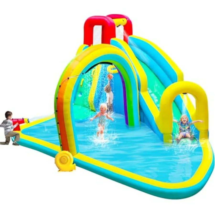 Inflatable Water Slide Park for outdoor use, PVC material, rainbow color, includes air blower, climbing wall, splash pool and s