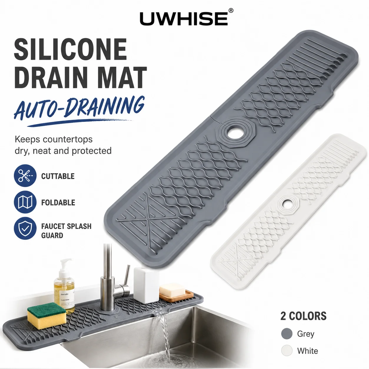 Uwhise Thickened Silicone Faucet Drain Mat Sink Splash Guard Auto Draining Water Catcher Tray For Kitchen Bathroom Countertop