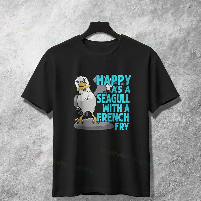 

Happy As A Seagull With French Fry Graphic Tee Soft Cotton Short Sleeve T-Shirt Casual Funny Top for Men Women