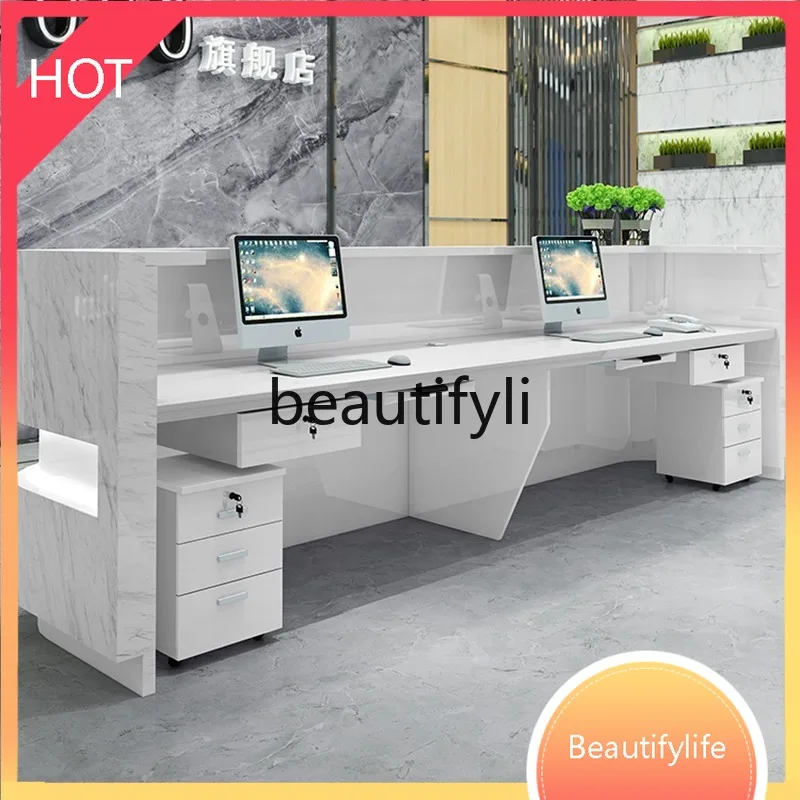 

ss Asmt14 Company Front Desk Lacquered Imitation Marble Cashier Hotel Reception Desk Custom Beauty Salon Cashier Desk