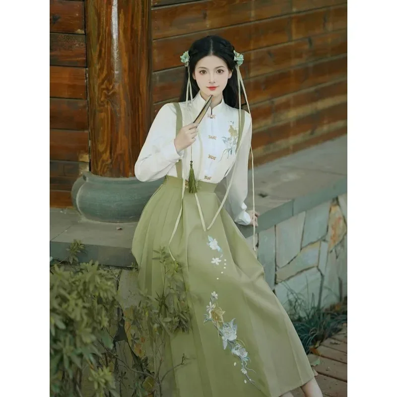 Women Ancient Chinese Costume White Stand Up Collar Long Sleeve Top Green Embroidered Skirt Modern Hanfu Girl Party Clothing