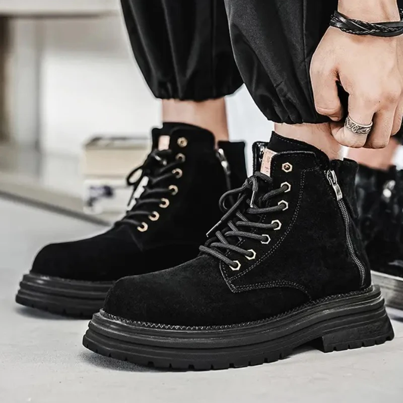 Men's High-top Boots in Solid Color, Mid-top Laced, Flat Heel, Wear-resistant and Anti-slip, High-quality New Work Boots