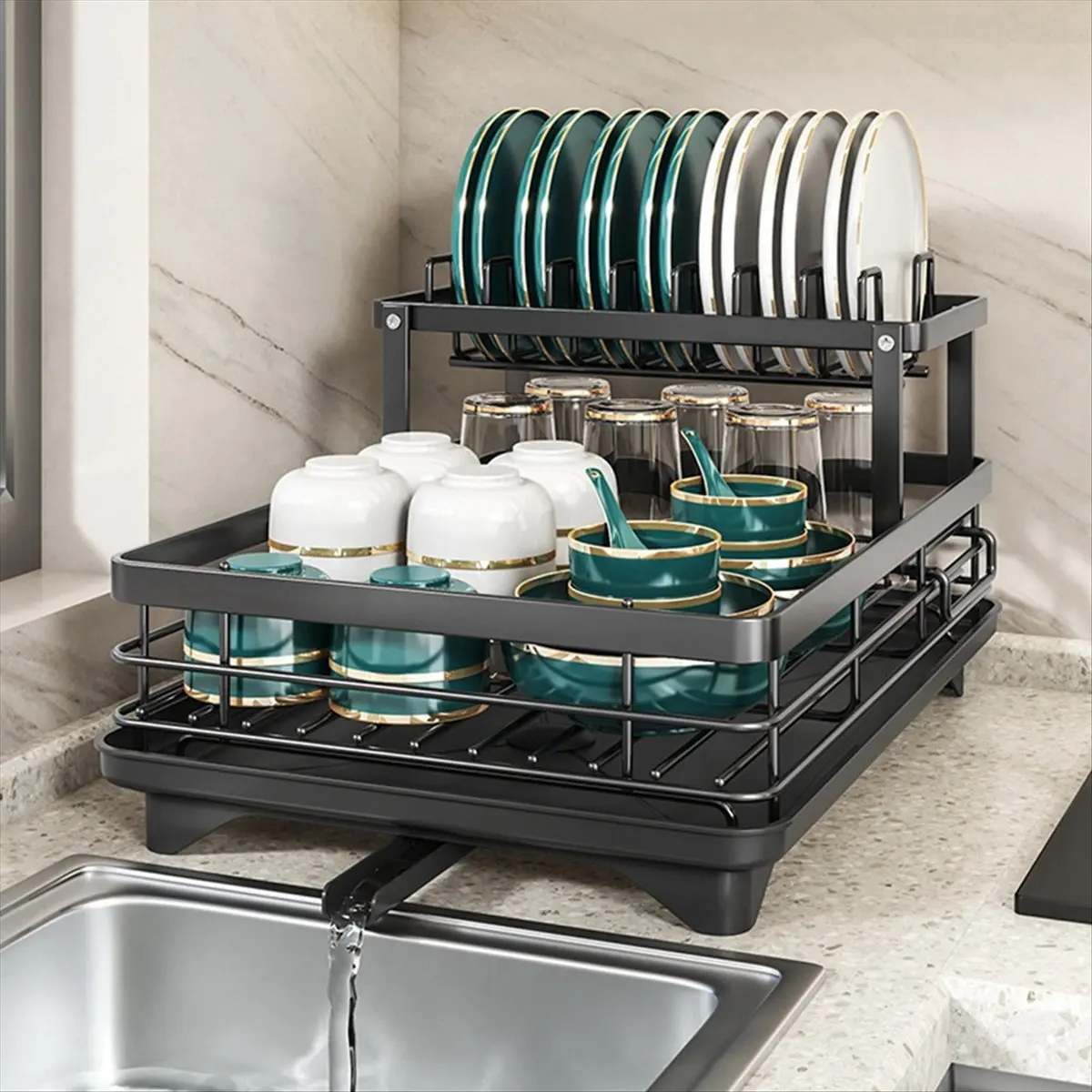 【~ New DT93】Carbon Steel Dish Rack with Drainboard, Sink Organizer, Dish Strainer Shelf for Kitchen Counter Storage B