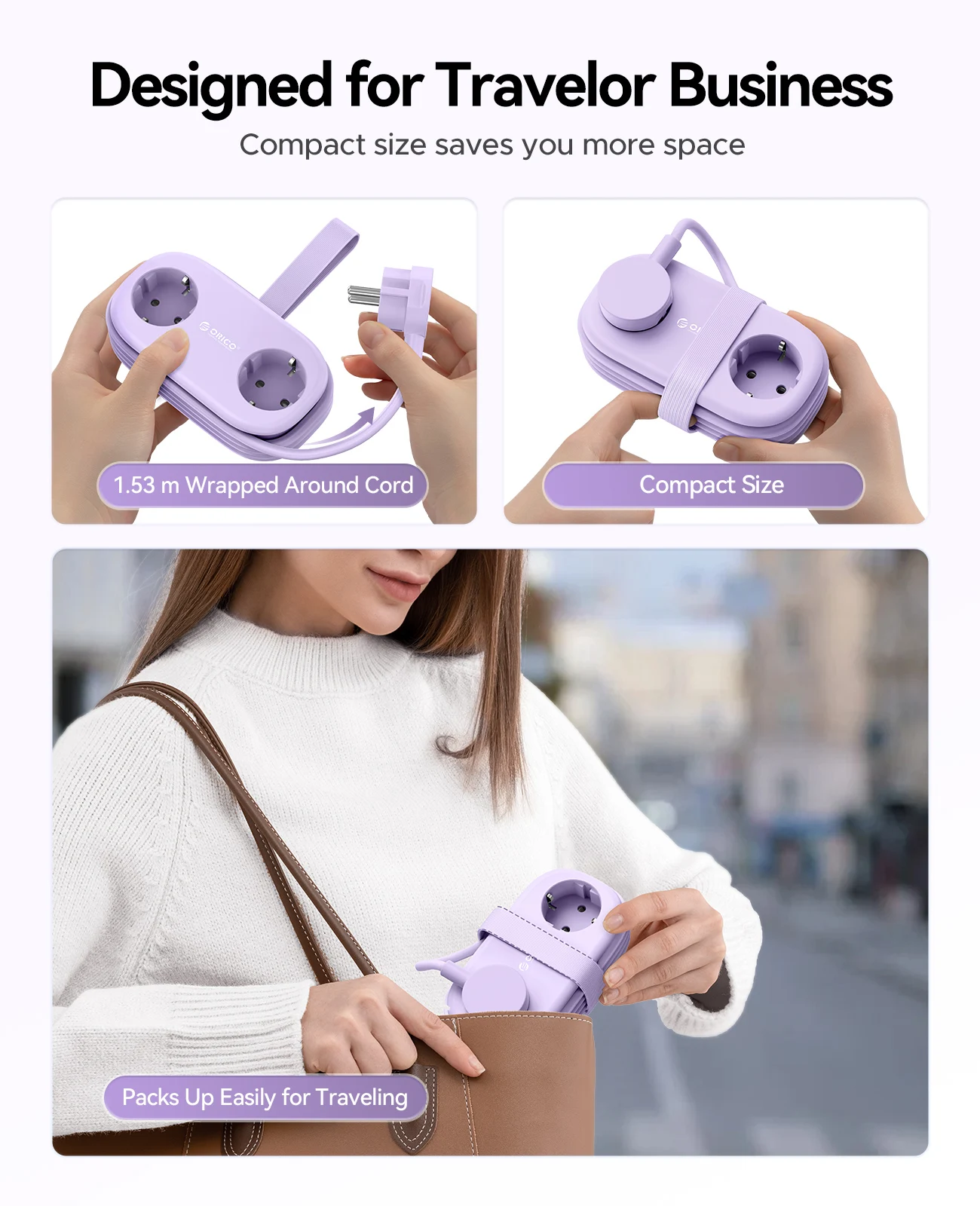 Listwa zasilająca ORICO 20W z wtyczką EU, 2 gniazda AC, 2 USB, 1 port Type-C, kabel przedłużający 1,53 m, inteligentne gniazdko do domu/na podróże — zdjęcie produktu 4