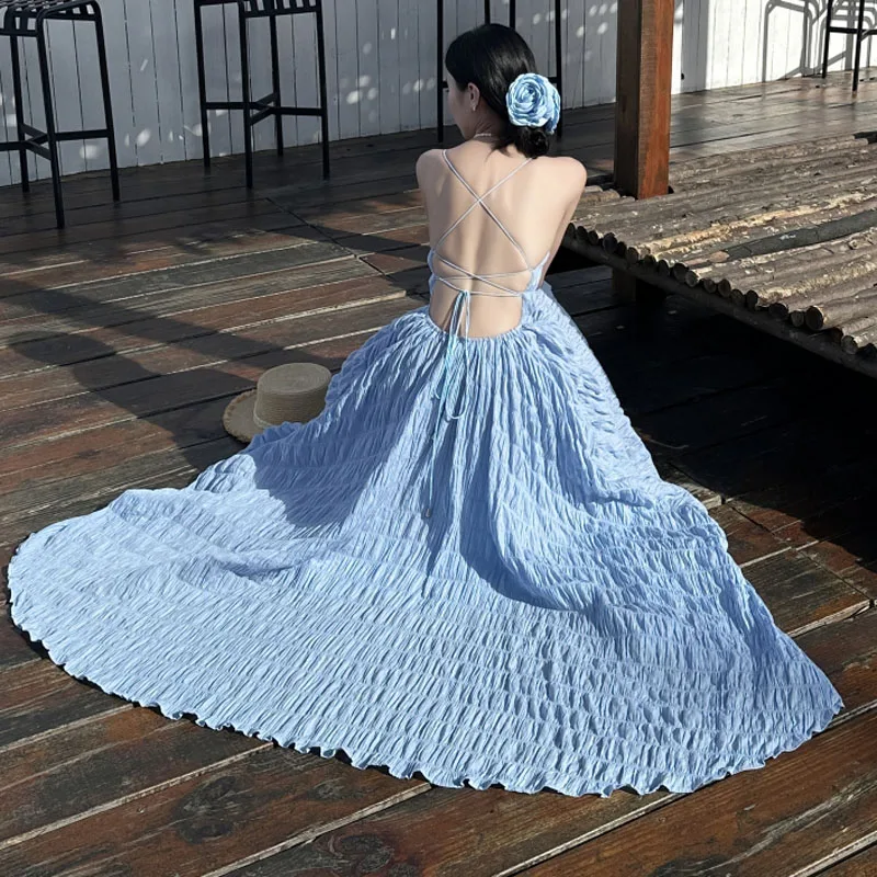 بوهو عطلة فستان بدون حمالات 2025 الصيف المرأة أنيقة مثير عبر الدانتيل يصل عارية الذراعين عادية شاطئ فستان طويل رداء