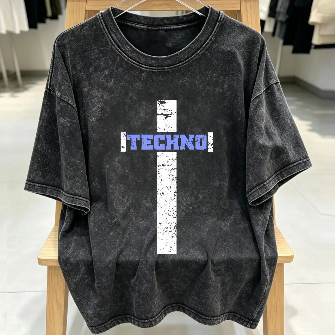washed T Shirt Techno Jesus Cross Religion Festival Dj Rave Music Lover Men's vintage Washed streetwear Breathable Soft Casual