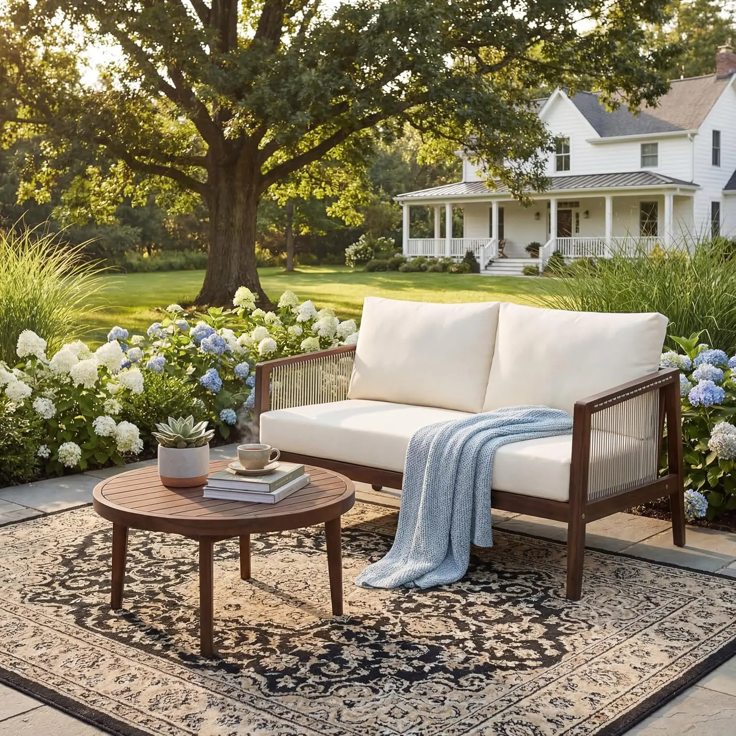 

Outdoor Loveseat Sofa with Coffee Table and Cushions, Acacia Wood Patio Furniture Set, Solid Wood Conversation Set in Dark Brown and Beige