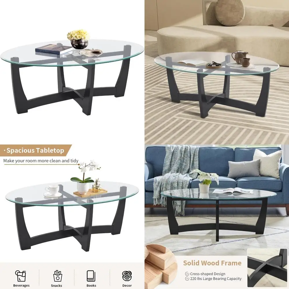 

Modern Oval Tempered Glass Coffee Table with Solid Wood Base for Living Room, Simple and Stylish Centerpiece