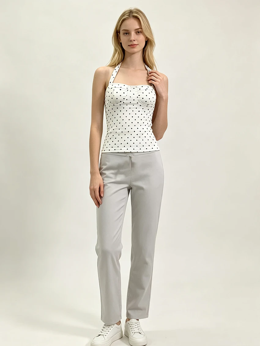 Y2K Retro Women White Polka Dot Halter Tank Top Square Neck Bustier Back Lace-Up Tie Slim Sleeveless Summer Daily Party Cami Top
