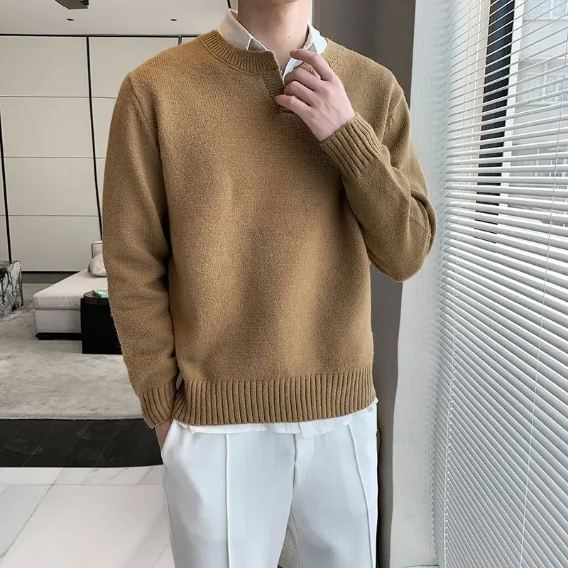 

Stylish V-Neck Knitted Pullovers Autumn Winter Basic Solid Color Men's Clothing Casual Loose Spliced Korean Long Sleeve Sweaters