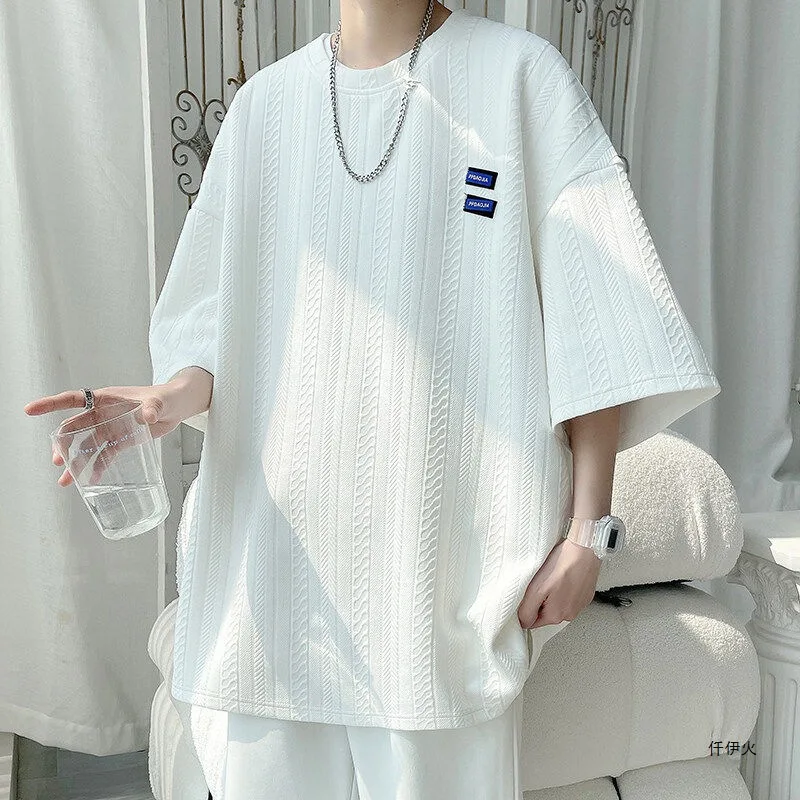 

Голубая текстура, футболка с рукавами три четверти, мужская летняя футболка большого размера, с коротким рукавом, ленивый стиль, пара, с половиной рукавов