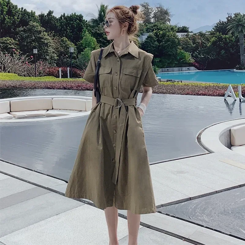 

Boreathiman 2024 New Ladies Khaki Polo Neck Dress Summer Design Niche Slim-Looking Waistline Shirt A-line Skirt Dress for Women