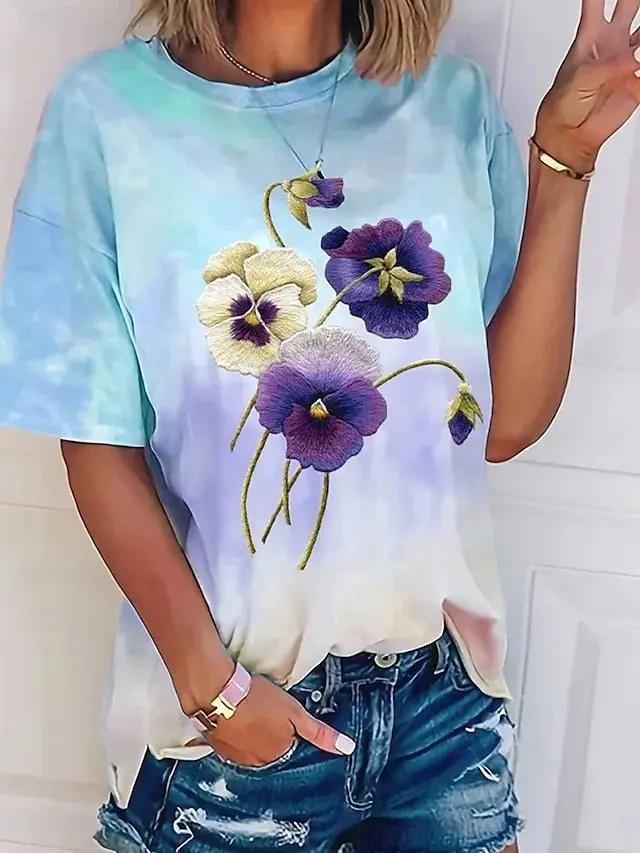 

Модные футболки с цветочным принтом и 3D принтом, женская новая футболка с круглым вырезом и короткими рукавами, уличная одежда Y2k, футболки в стиле Харадзюку, топы, женская одежда