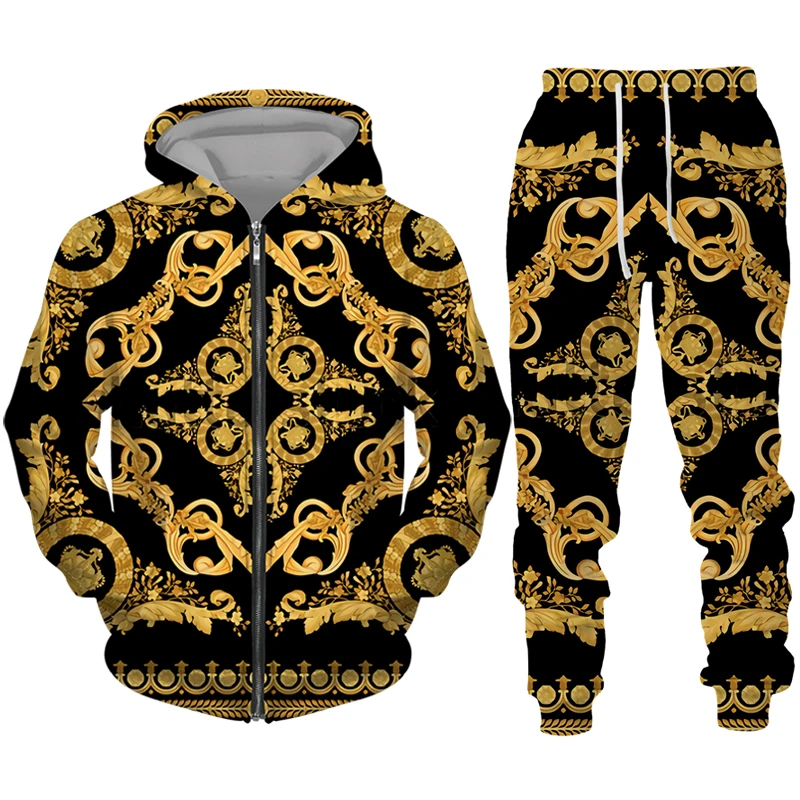 Men\'s Zipper Tracksuit Set Luxury Golden Pattern 3D Print Casual Hoodie Pants 2pcs Sets Oversize Sweatshirt Fashion Man Clothes