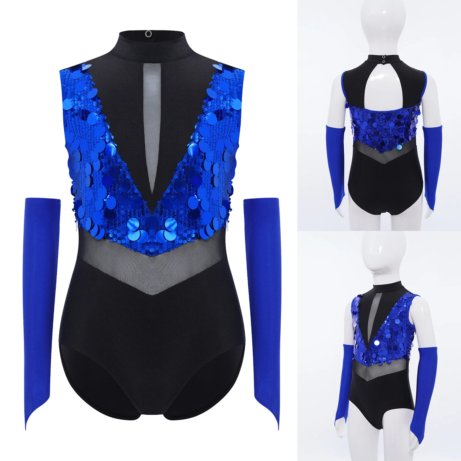 

Детский гимнастический танцевальный костюм для девочек, купальник без рукавов с блестками и вырезами сзади, перчатки без пальцев, боди для джазовых латинских танцев
