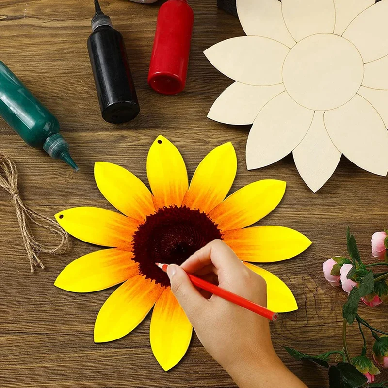 Unfinished Sunflower Wood Cutout Sunflower Sign Cutouts Sunflower Wood Door Hanger With 10M Natural Rope