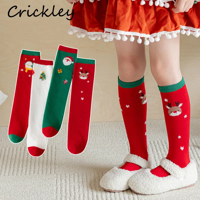 

Snowman Santa Tree Elk Cartoon Girls Stockings Christmas Green Red Children Socks No Heel Kids Stockings