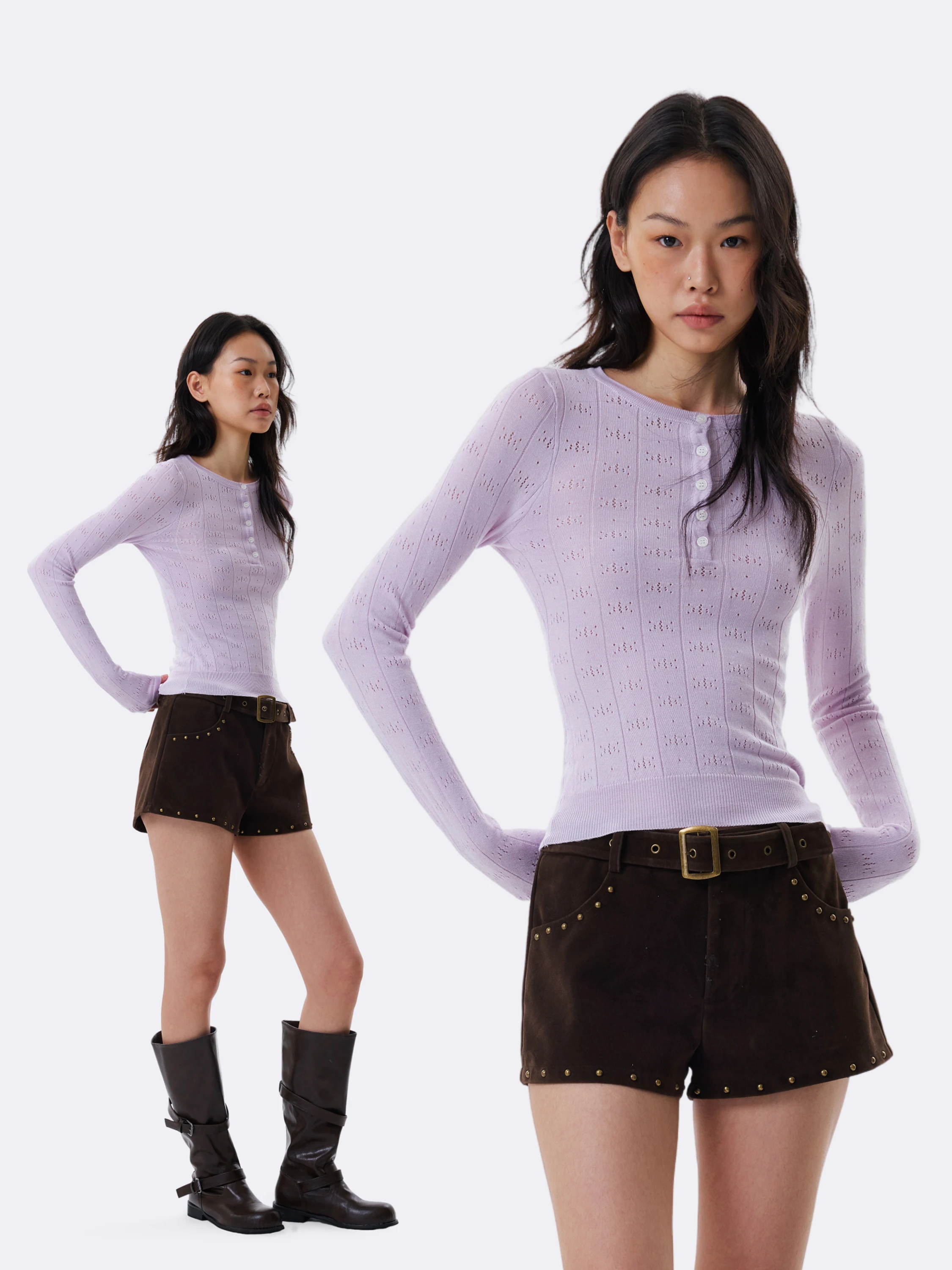 GoGo Burn Purple Henry Collar Long Sleeve Knitted Base T-Shirt Women's Autumn Hollow out Design Slim Fit Casual Style Top