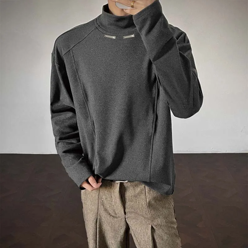 Autumn Stand Collar White T-shirt Men Fashion Black Casual T Shirt Men Streetwear Korean Loose Long Sleeved T-shirt Mens Top