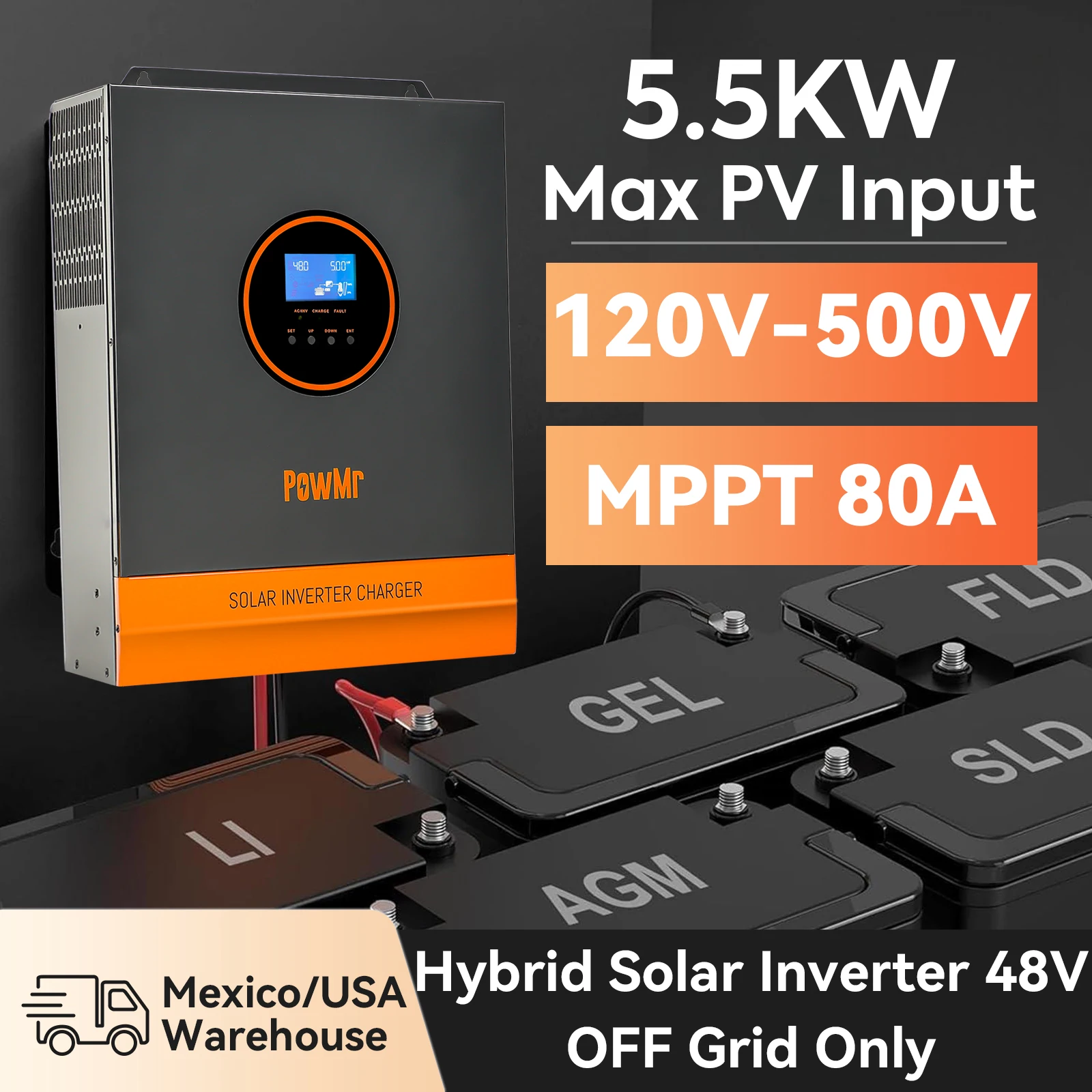 PowMr 5KW 48V عاكس للطاقة الشمسية الهجين MPPT 80A خارج الشبكة العاكس موجة جيبية نقية 110 فولت 120 فولت ماكس PV المدخلات 500 فولت 5.5KW