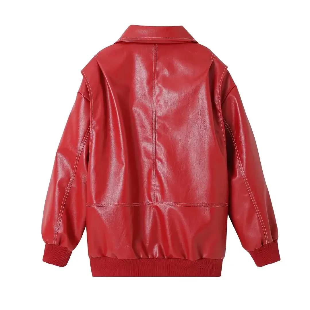 Imagem -03 - Jaqueta de Couro Sintético Vermelho Vintage Feminina Cabolsa Chique com Zíper Roupa de Bolso Solta Streetwear de pu Primavera Inverno