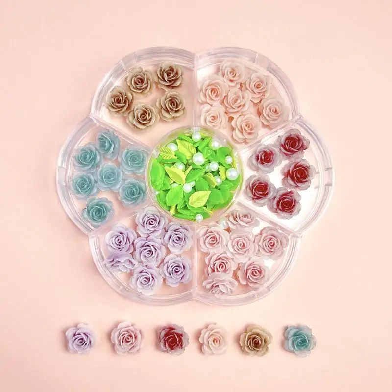 1Box Resin Mixed Colorful Flowers Nail Art Decoration with Pearl Green Leaves Nail Charms Accessories for Nail Phone Case  DIY