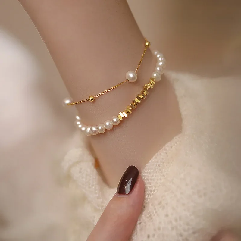 

free shipping Broken silver a few two natural freshwater pearl bracelet girl niche luxury luxury beaded non-fading hand bracelet