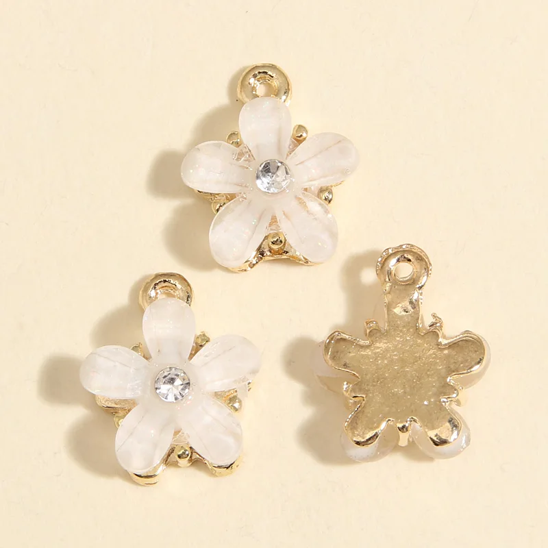 10pcs Gold Color 15x12.5mm Lovely Small Flower Crystal Charms Plant Enamel Pendant Fit Handmade Jewelry Making Finding Supplies