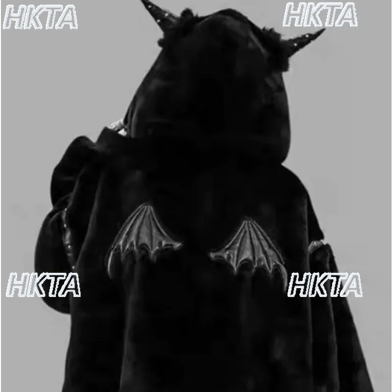 Japanese Goth Halloween Hooded Plush Jacket Autumn and Winter Subculture Women Dark Y2k Loose Oversized Warm Cardigan Fur Coat