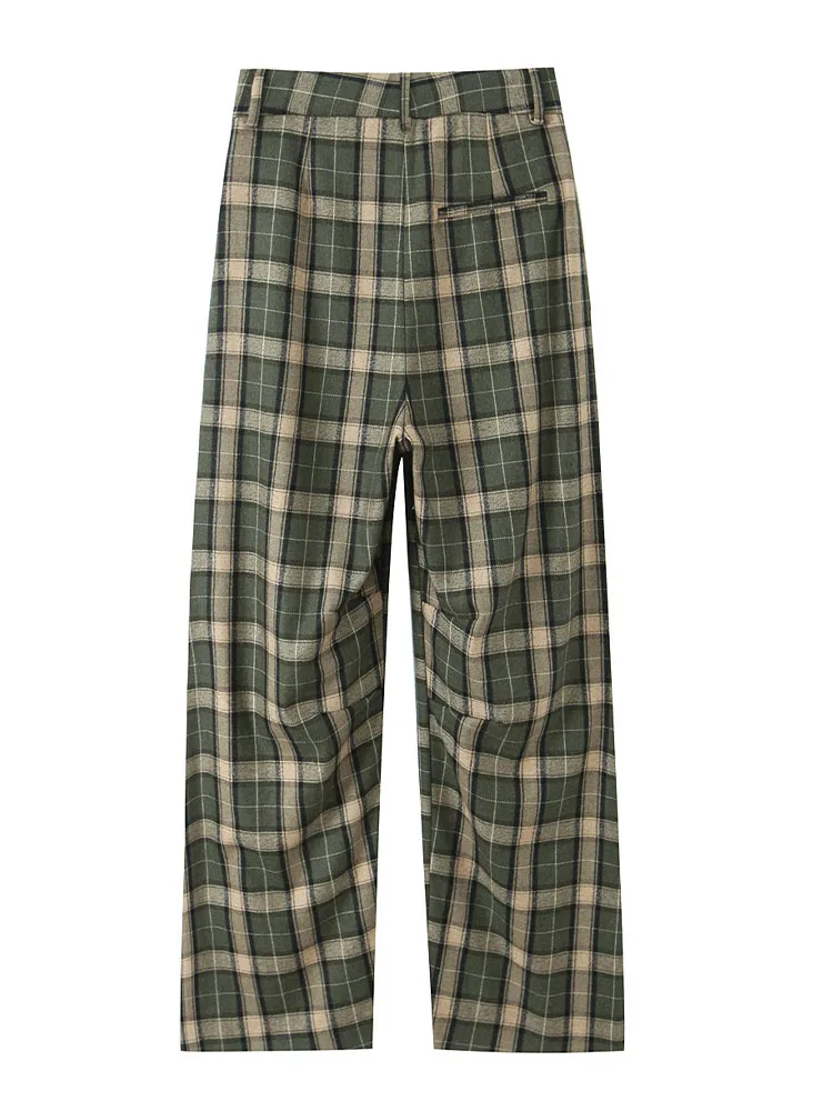 

HH Women Fashion Simple Versatile Plaid Ankle Length Pants Female Casual Mid-Waist Wool Blended Pleated Streetwear Long Trousers