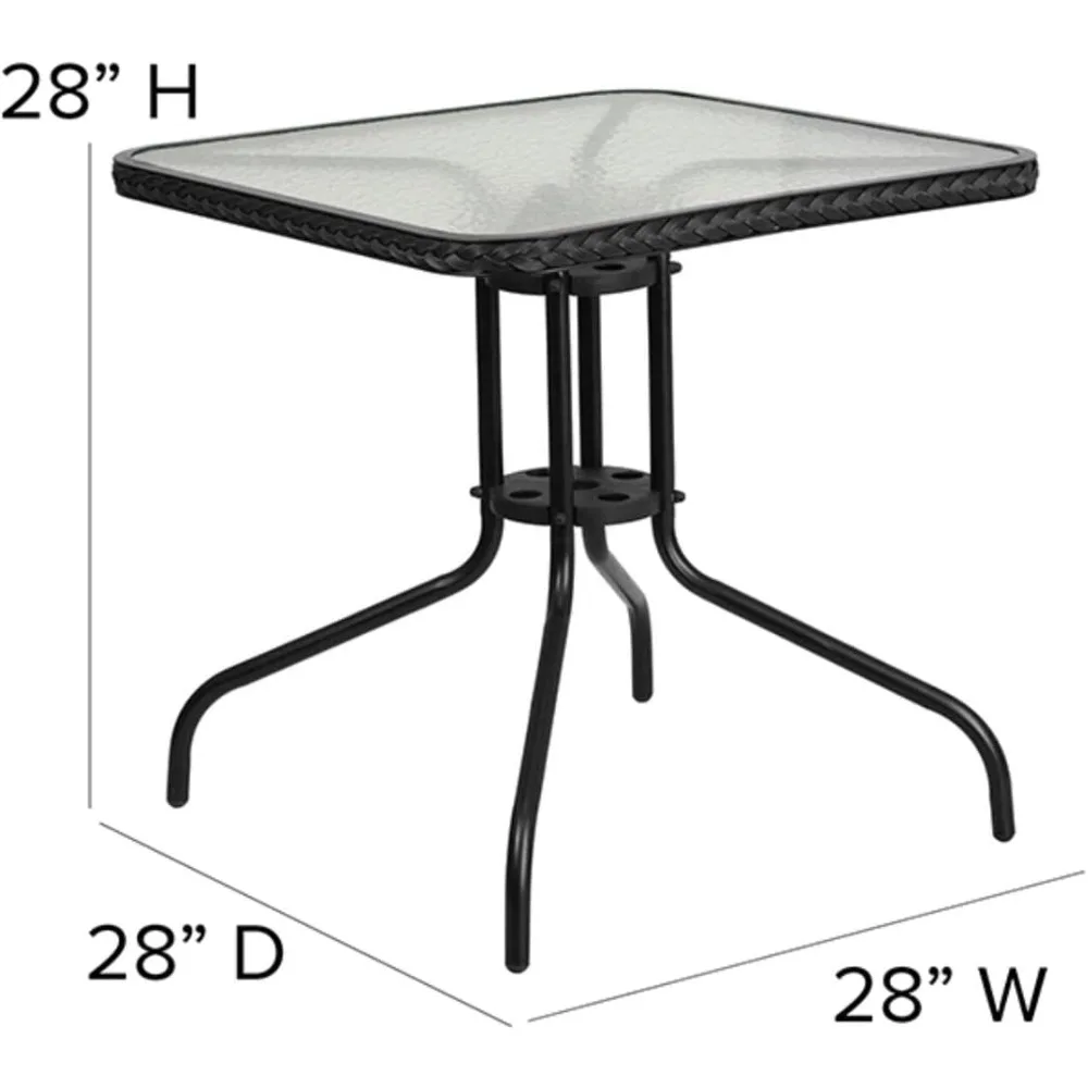 28'' Square Tempered Glass Metal Table with Black Rattan Edging