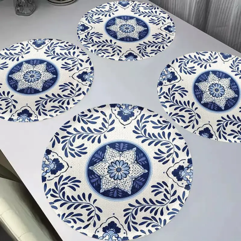 VIKAMA Chinese Blue White Porcelain Flower Round Linen Table Mats, Heat Resistant Washable Home Decor