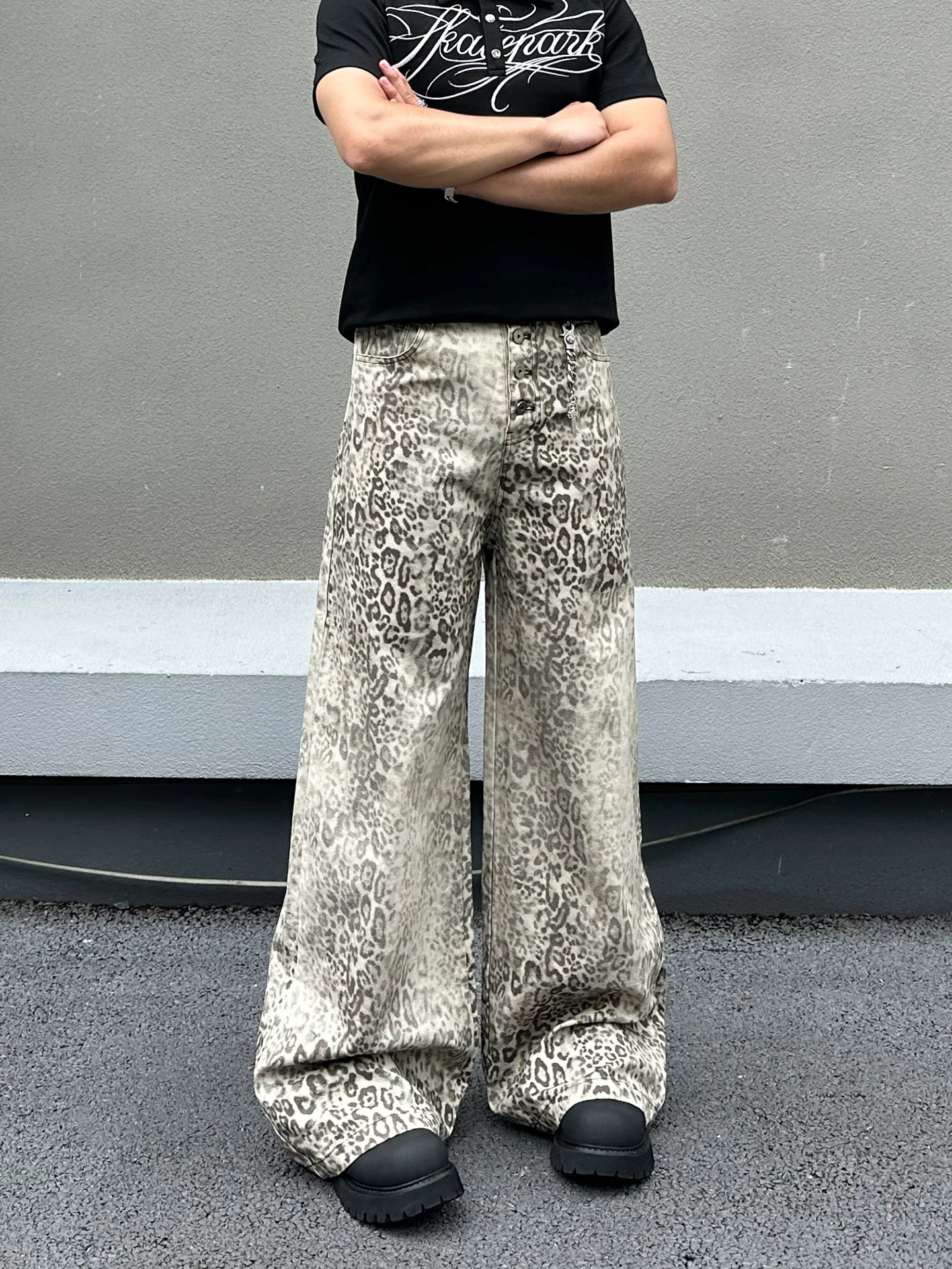 American Retro Leopard Print Patchwork Baggy Jeans Men Loose Straight Casual Slimming Design Wide Leg Pants Street Style