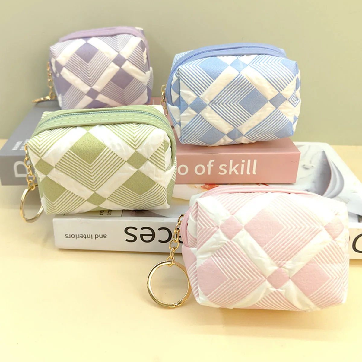 Geometric Rhombus Pattern Mini Storage Bag, Zipper Coin Wallet with Key Chain, Portable Small Makeup Pouch