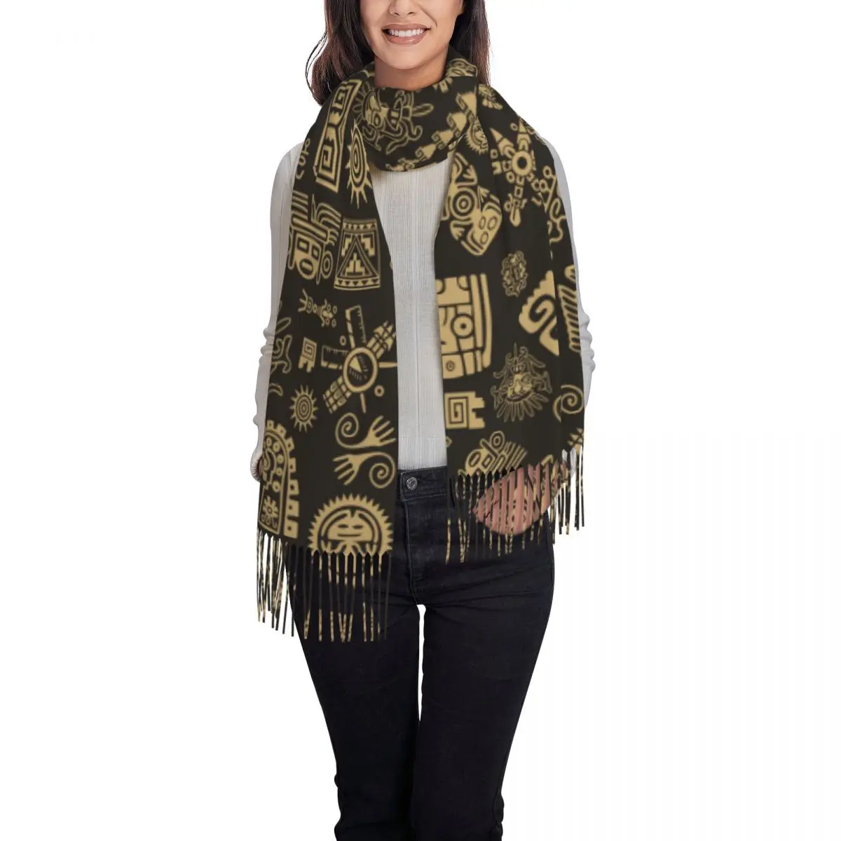 Women Scarf Ancient Maya Pattern Winter Shawls Thin Wrap Lady Tassel Warm Scarves Hairy Bufanda Stole