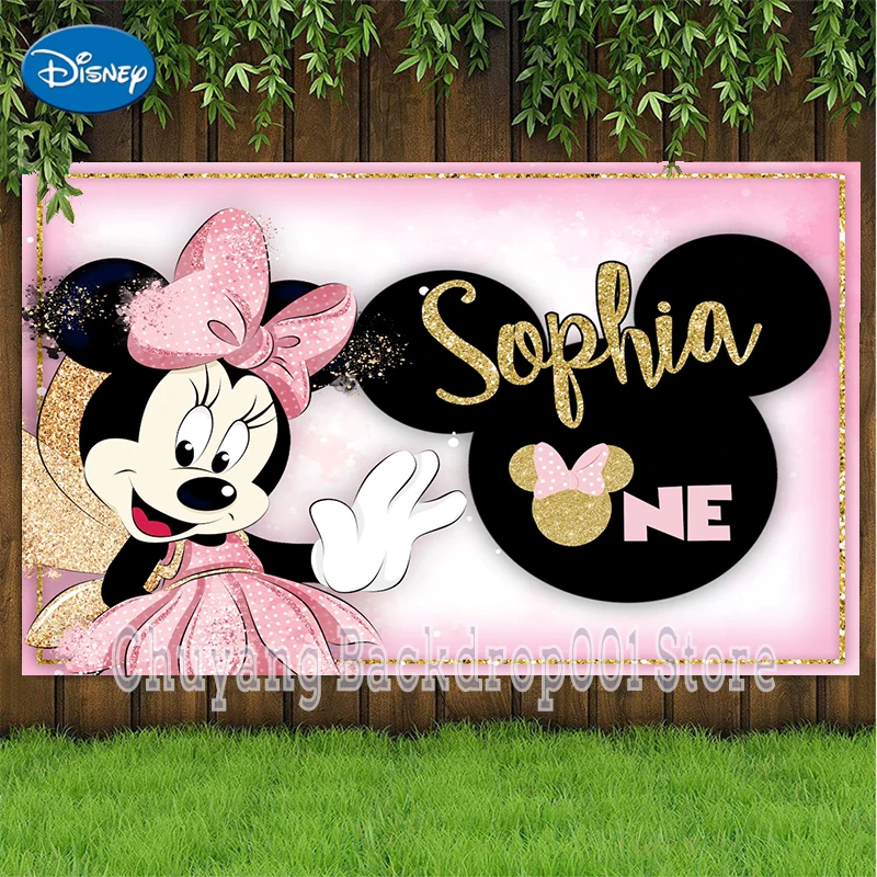 Disney Custom Background Party Backdrops Pink Minnie Mouse Birthday Decorations Children\'s Decoration Photozone Wall Backdrops