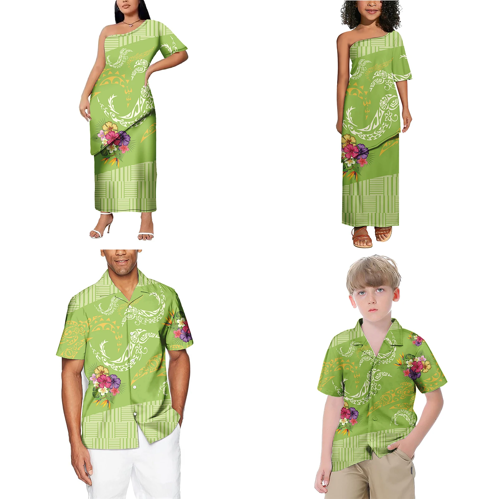 Family Matching Clothes Polynesian Tapa Flower Pattern Mermaid Puleatasi Dress Summer Girl Dress Kids Shirts Men Shirts