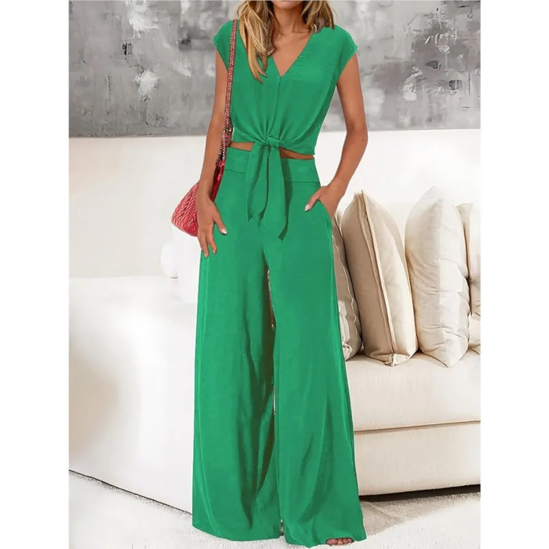 

Elegant Casual Women Pants Suit 2026 Lace-up V Neck Short Sleeves Solid Color Top+High Waist Wide-leg Pants Set for Office Wear