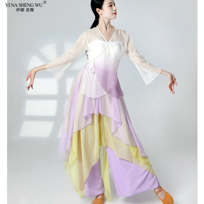 Classical Dance Performance Clothes Irregular Culottes & Gradient Color Tops Adult Women Dance Wide-leg Gauze Pants & Cardigan