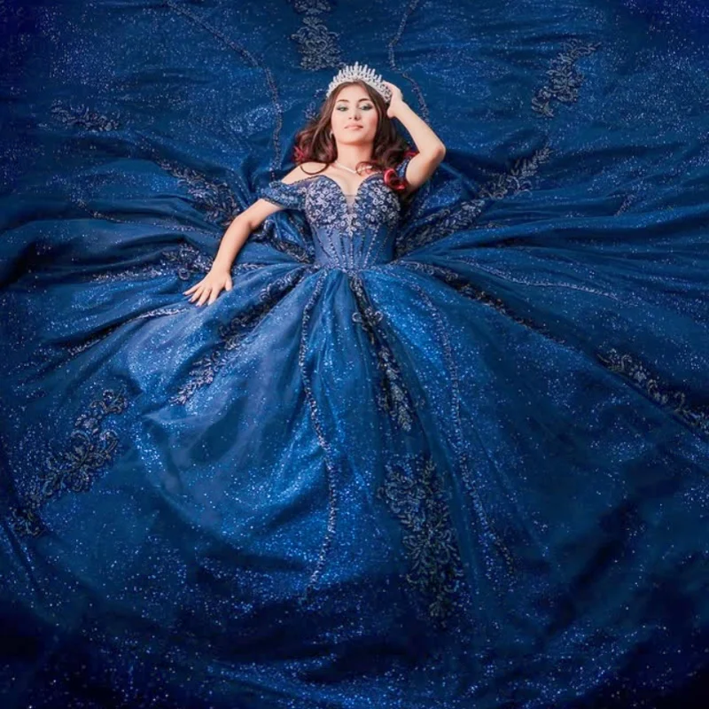 

Shiny dark blue Quinceanera Dress off-shoulder crystal glitter decal Long tail vestidos de 15 Quinceanera ﻿Customize